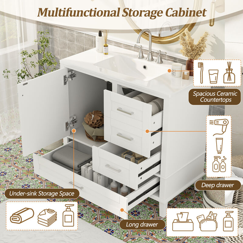 Whisen 36 in. Bathroom Storage Cabinet Bathroom Vanity with Ceramic Sink, Soft Close Door and 3 Drawers