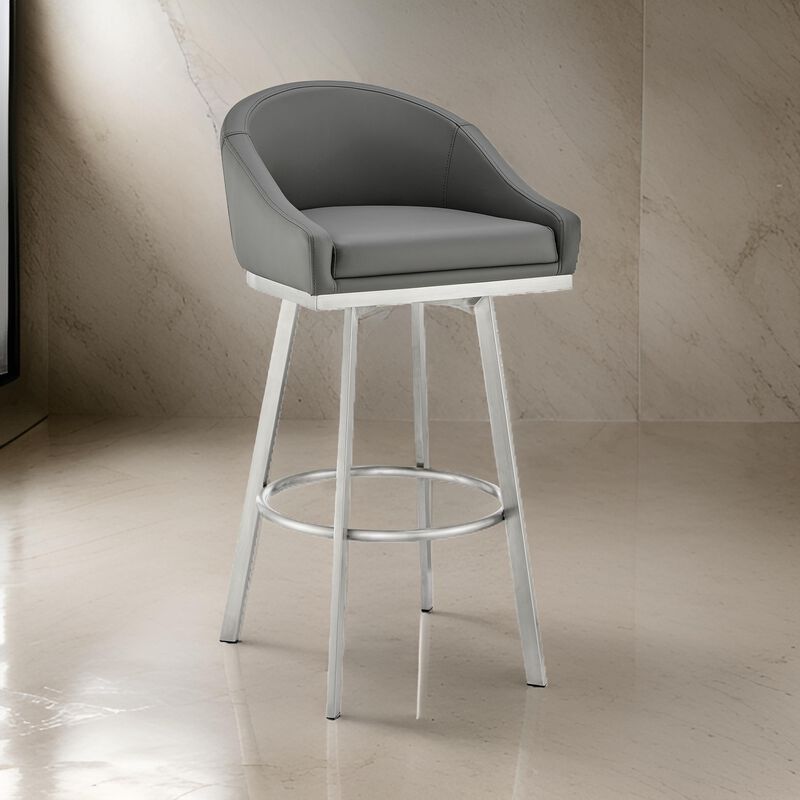 Dalza 30 Inch Swivel Barstool Chair, Cushioned Open Back, Gray Faux Leather - Benzara