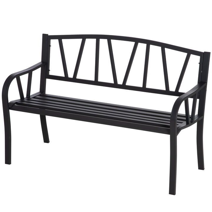 Outsunny 50" Metal Garden Bench, Black Outdoor Bench for 2 People, Park-Style Patio Seating, Decor with Smooth Armrests, Slatted Seat and Backrest, Black