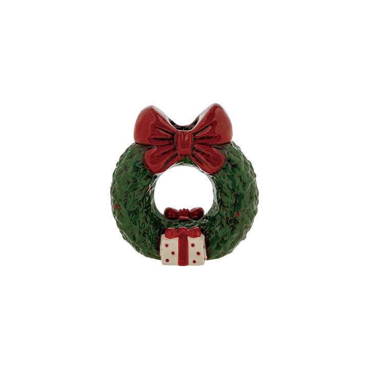 Hand-Painted Dolomite Wreath Taper Holder with Festive Bow