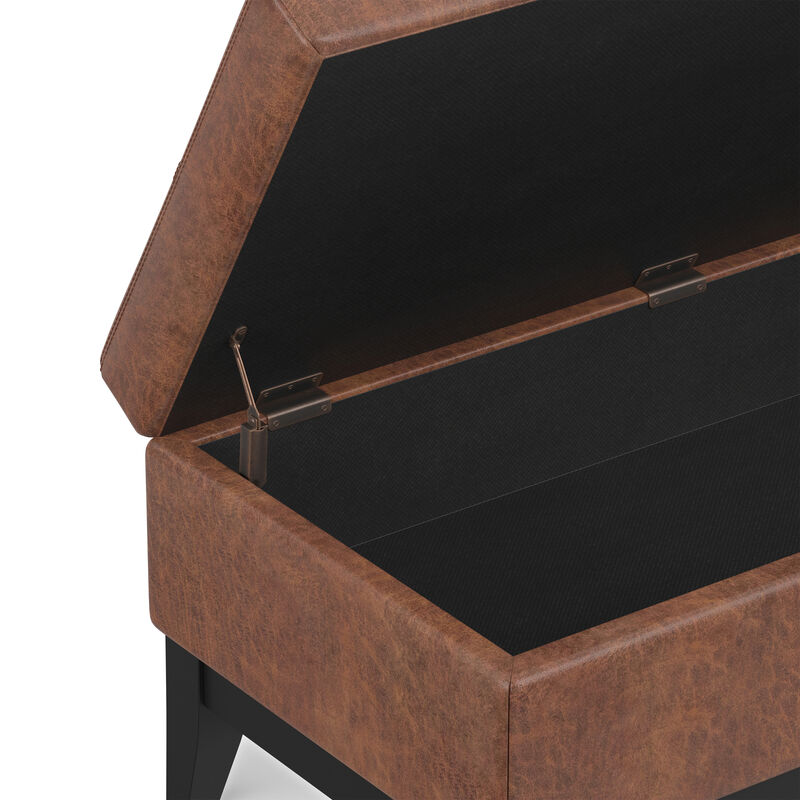 Oregon 42 inch Wide Transitional Rectangle Storage Ottoman Bench with Tray in Distressed Saddle Brown Vegan Faux Leather, Assembled image number 9