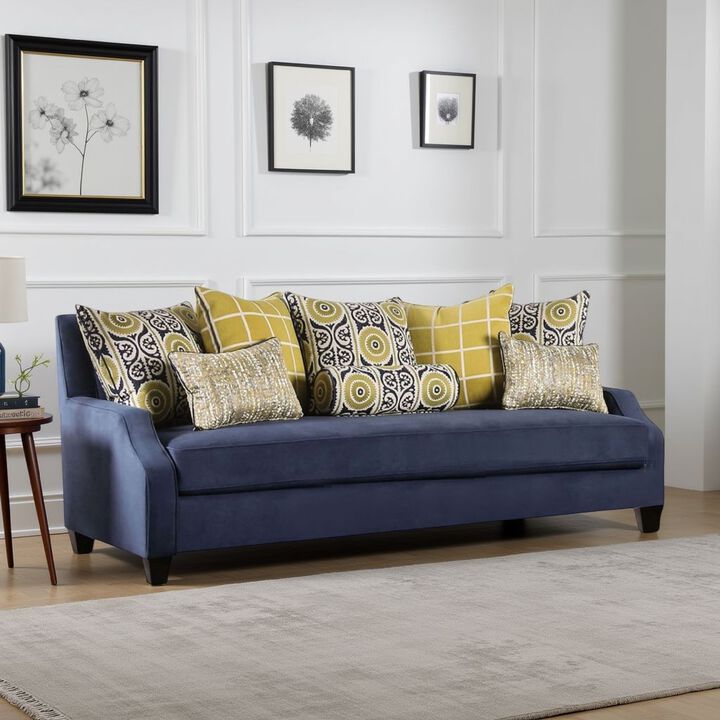 Omis Sofa, Navy Blue Velvet, 8 Accent Pillows, Solid Wood, 91 Inch