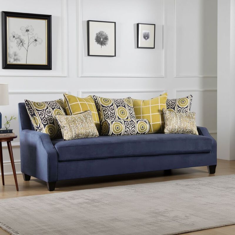 Omis Sofa, Navy Blue Velvet, 8 Accent Pillows, Solid Wood, 91 Inch image number 1