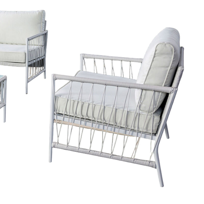 Hema 4 Piece Patio Set with 2 Chairs, Table, and Sofa, White Fabric, Metal - Benzara