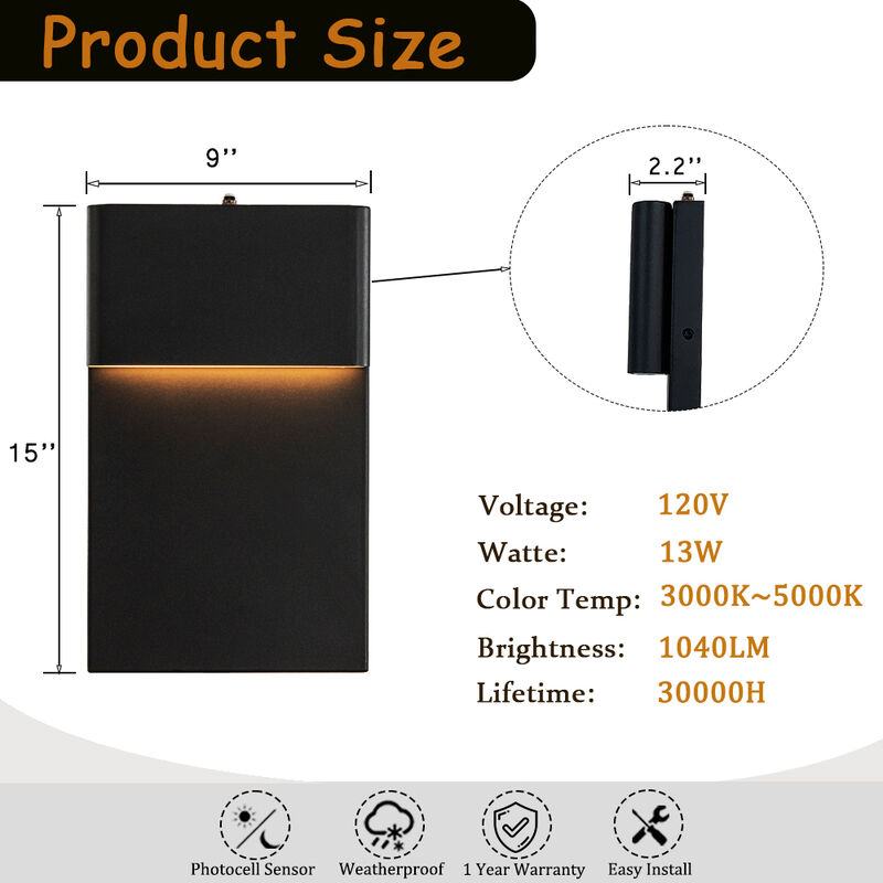 1-Light H15 in Modern Simple Square 13W Integrated LED Outdoor Wall Sconce with Dusk to Dawn Sensor in Matte Black for Porch Patio image number 7