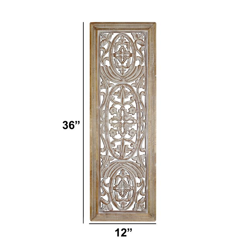 Rectangular Mango Wood Wall Panel Hand Crafted With Intricate Carving, White and Brown-Benzara image number 5