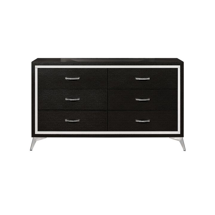 Benjara Sami 58 Inch Wide Dresser, 6 Drawers, Mirror Trim, Embossed Texture, Black, Chrome