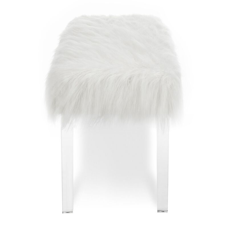49 Inch Faux Fur Bench with Acrylic Clear Legs, White-Benzara