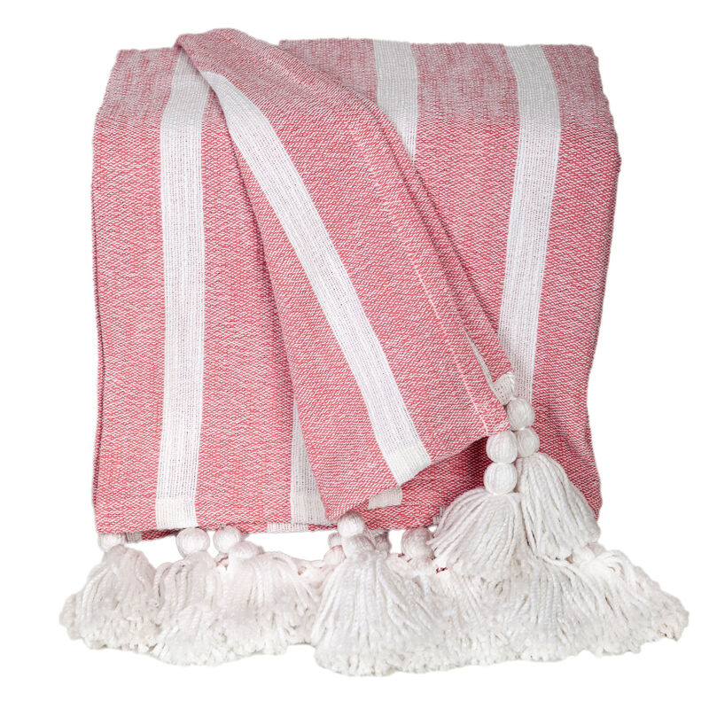 HomeRoots 50" X 60" Pink and White Woven Cotton Striped Throw Blanket with Tassels image number 0