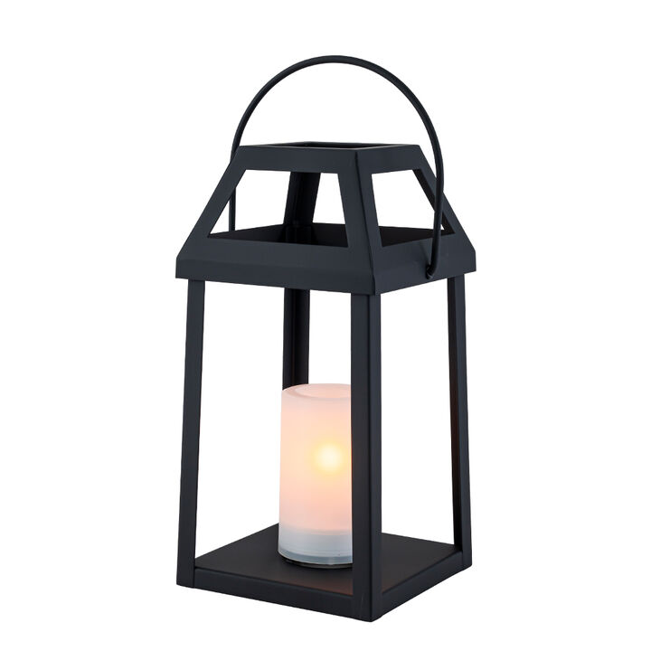 H13&rdquo; Solar Outdoor Lantern with Flickering Candle Modern Metal Solar Lantern with Handle, Waterproof Patio Table & Hanging Light Auto On/Off for Garden Deck