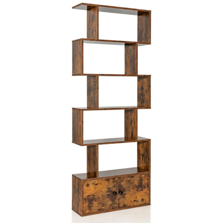 Hivago 6-Tier S-Shaped Freestanding Bookshelf with Cabinet and Doors