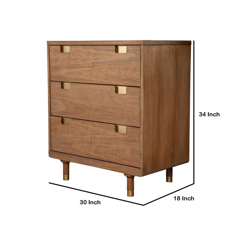 34 inch 3 Drawer Wooden Chest with Cutout Pulls, Small, Brown - Benzara