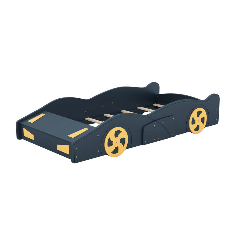 Whisen Twin Size Race Car-Shaped Platform Bed with Wheels and Storage - Black & Yellow
