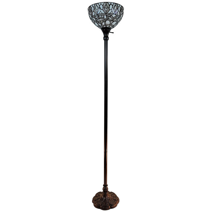 Hivvago 62" Brown And White Torchiere Floor Lamp With White Peacock Feather Glass Dome Shade