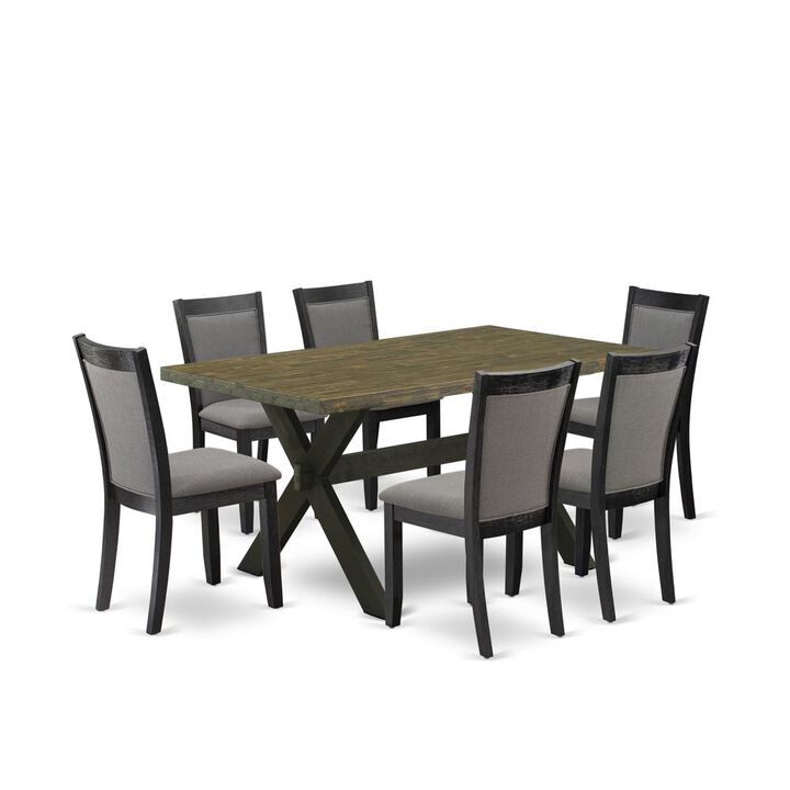 X676MZ650-7 7 Pc Dinette Set - Distressed Jacobean Kitchen Table with 6 Dark Gotham Grey Dining Chairs - Wire Brushed Black Finish