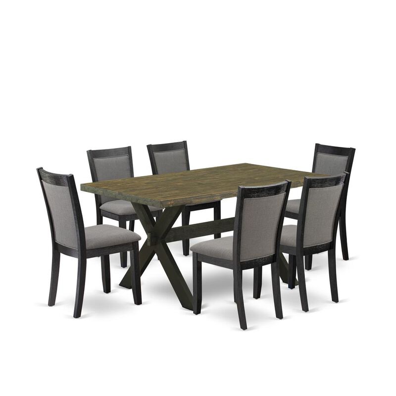 X676MZ650-7 7 Pc Dinette Set - Distressed Jacobean Kitchen Table with 6 Dark Gotham Grey Dining Chairs - Wire Brushed Black Finish