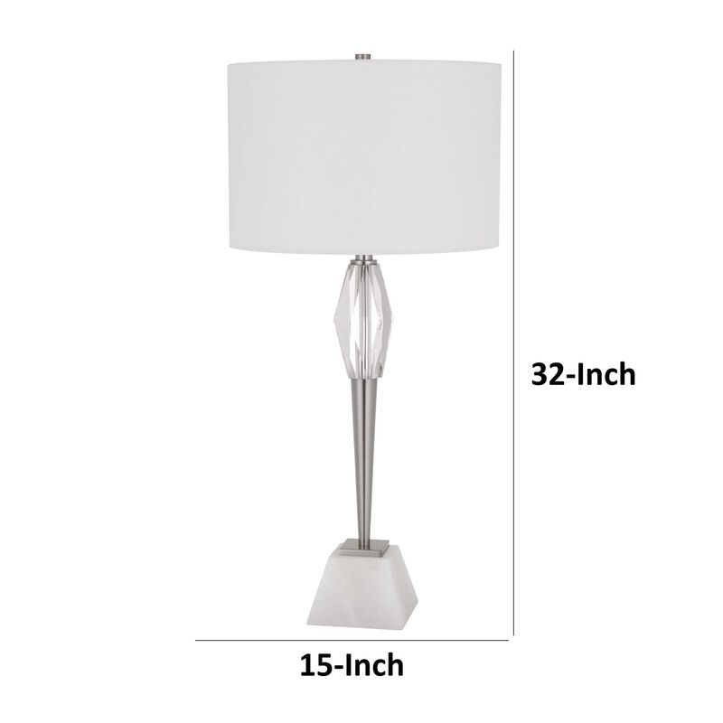 32 Inch Table Lamp with White Drum Shade, Marble Base, Brushed Steel - Benzara