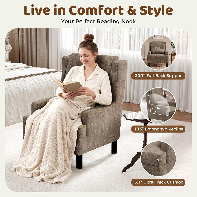 Upholstered Wingback Accent Chair, Modern Reading Armchair for Living Room, Bedroom, Light Brown image number 3