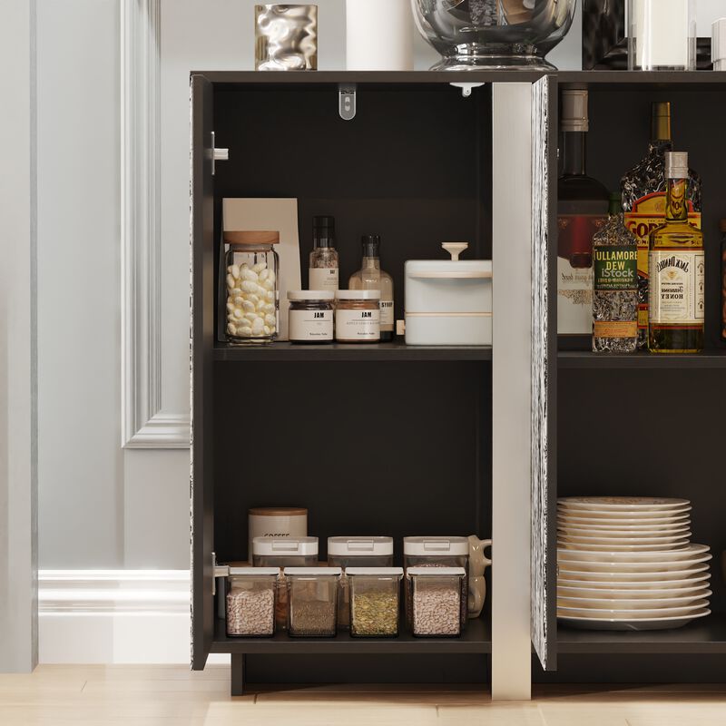FUFU&GAGA Contemporary Black Sideboard with Marble-Pattern Glass Doors (63" W x 15.7" D x 31.5" H), P2 MDF Cabinet with Silver-Plated Legs