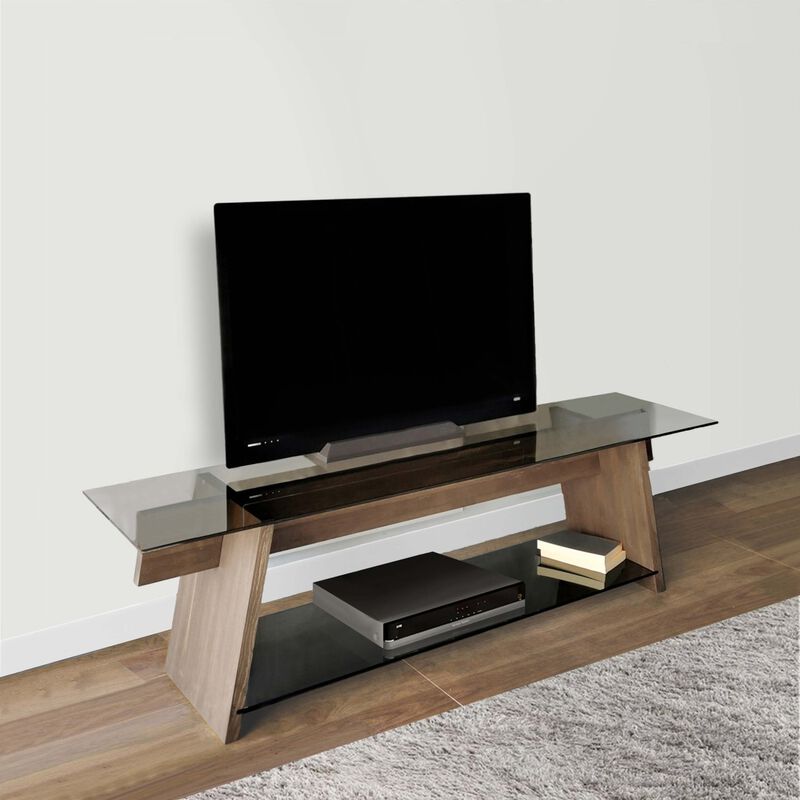 62 Inch Modern Tempered Glass Rectangular Top TV Console Stand, Wood Frame, Glass Bottom Shelf, Black, Brown