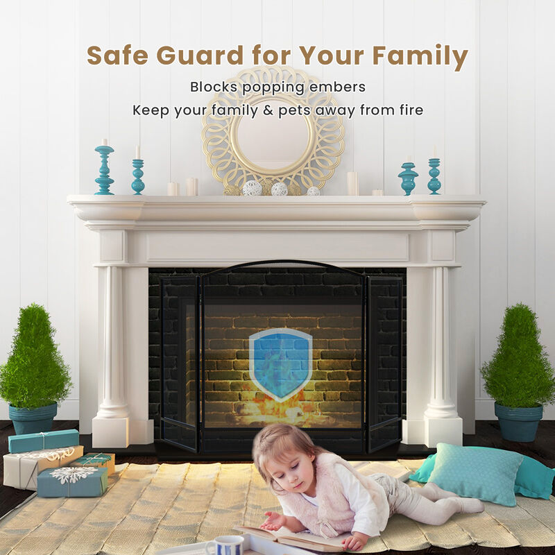 3-Panel Foldable Fireplace Screen with Wrought Metal Mesh-Black image number 5