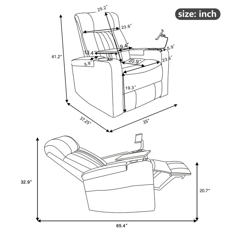 Whisen Power Recliner with Storage Arms, Cupholders & Tray Table