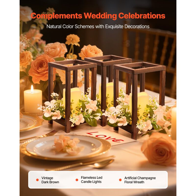 60-Piece Wedding Table Centerpiece Kit with Wooden Lanterns, LED Candles and Wreaths-Brown image number 6