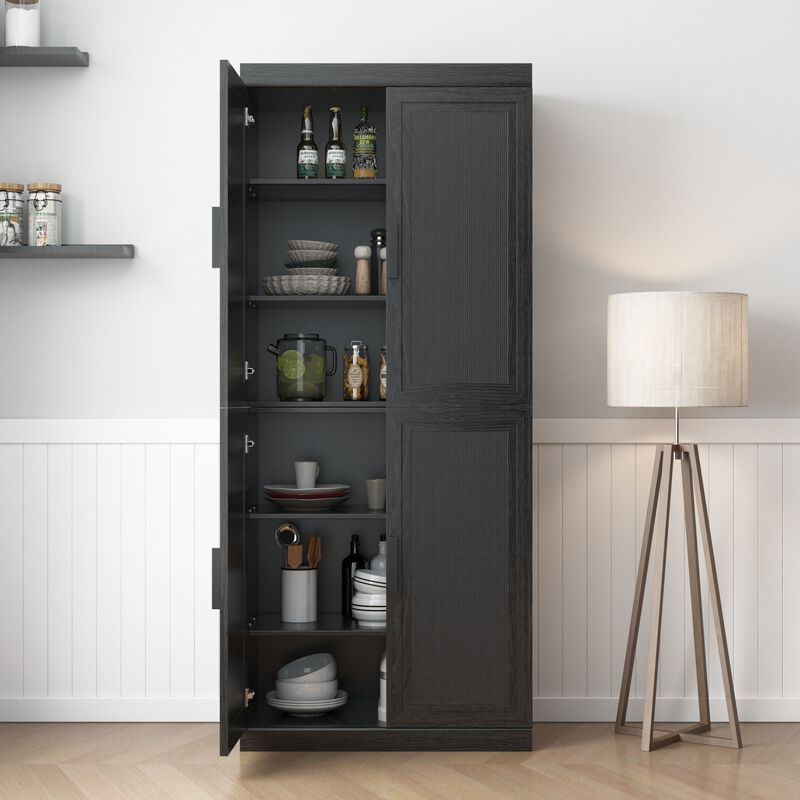 2-Piece 36"x31"x16" Black Wood Grain 6-Story Decorative Storage Cabinet with Wicker Door image number 2