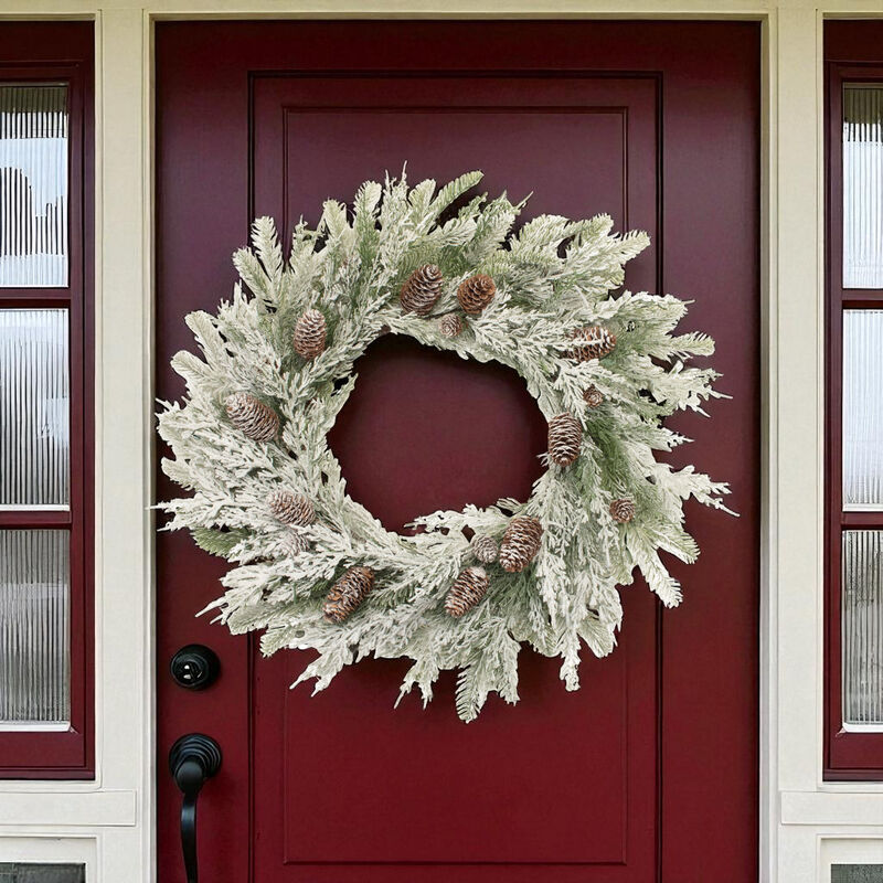 Flocked Mixed Pine and Pinecone Wreath for Winter Front Door or Wall Display