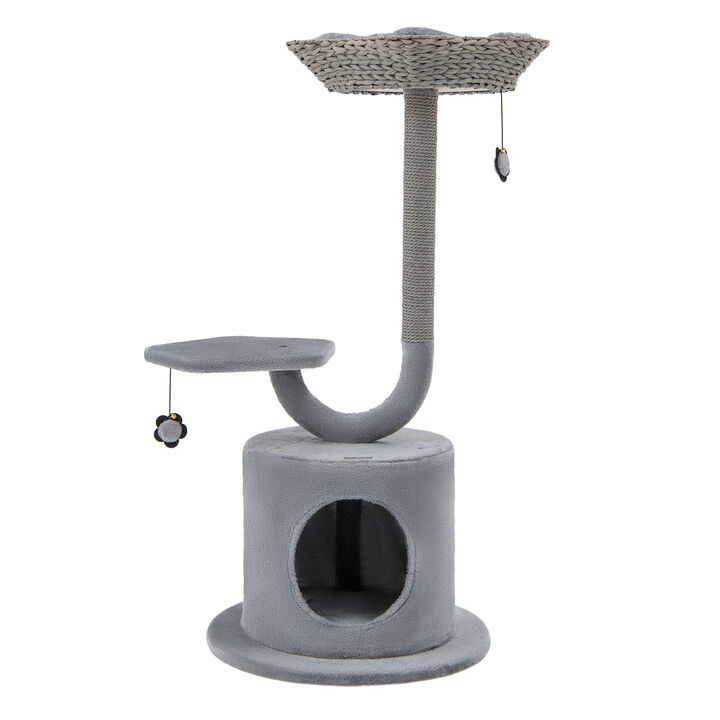 42" Tall Cat Tower with Curved Metal Supporting Frame for Large & Small Cats-Grey