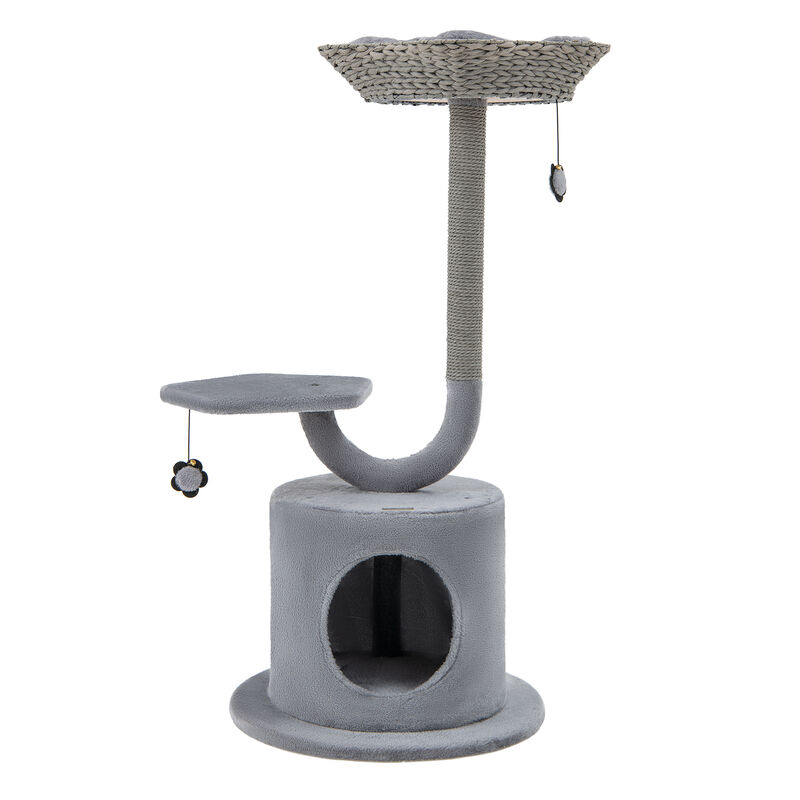 42" Tall Cat Tower with Curved Metal Supporting Frame for Large & Small Cats-Grey