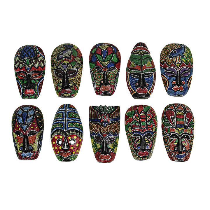 Set of 10 Hand Carved Tropical Dot Painted Tribal Masks 6 Inch Wall Decor