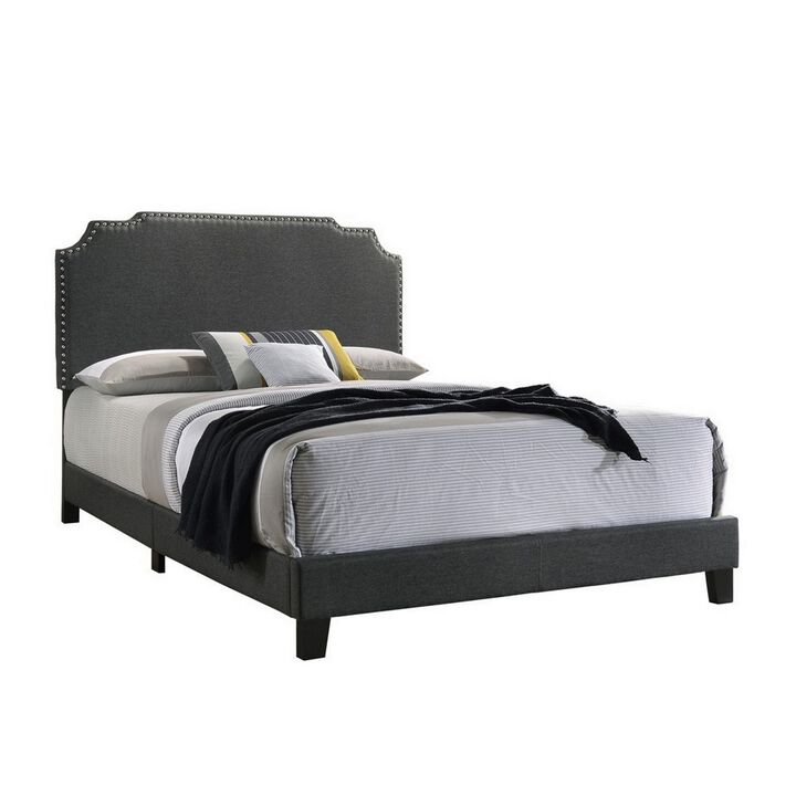 Fabric Upholstered Wooden Queen Size Bed with Nailhead Trims, Gray-Benzara