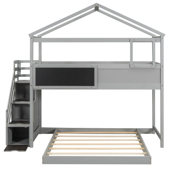 Whisen Twin over Full House Bunk Bed with Storage Staircase and Blackboard-Grey