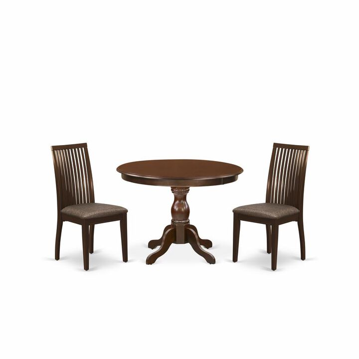 East West Furniture HBIP3-MAH-C 3 Piece Table and Chairs Dining Set - Mahogany Wood Dining Table and 2 Mahogany Linen Fabric Chairs for Dining Room with Slatted Back- Mahogany Finish