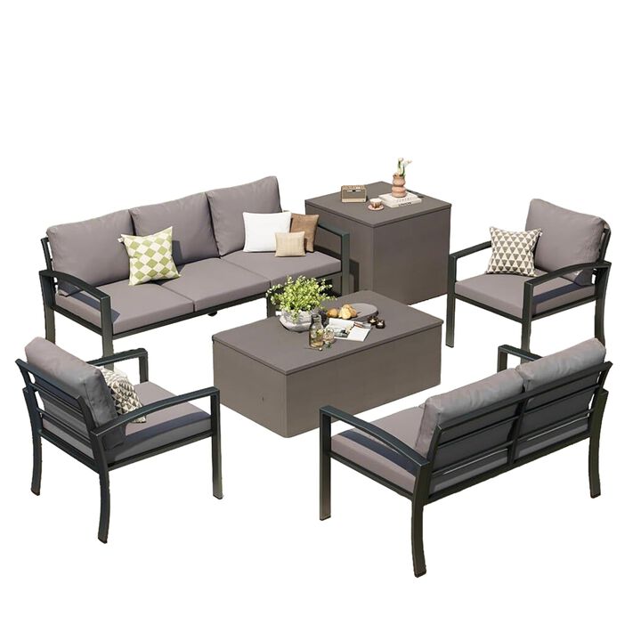 Mondawe 6-Piece Metal Outdoor Dining Furniture Set, Patio Conversation Set with Cushions and Storage Boxes