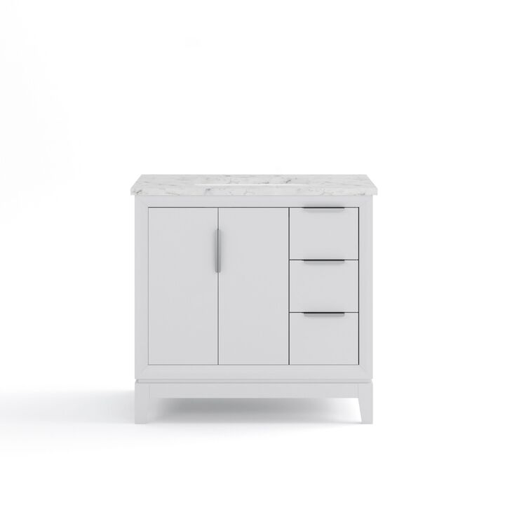 Elizabeth 36 In. Single Sink Carrara White Marble Countertop Bath Vanity In Pure White with Brushed Silver Hardware