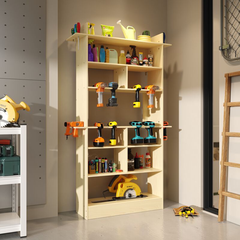 FUFU&GAGA Solid Wood Multi-functional Storage Cabinet with 9 Compartments & Tool Hooks, Space-Saving Design for Small Spaces, Natural Wood Finish (30.7 in.  W x 11 in.  D x 67.7 in.  H)