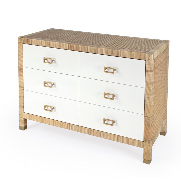 Butler Specialty Corfu 6 Drawer Natural Rattan Double Dresser, Natural and White