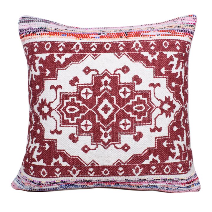 20" Red and White Bordered Medallion Mosaic Square Throw Pillow