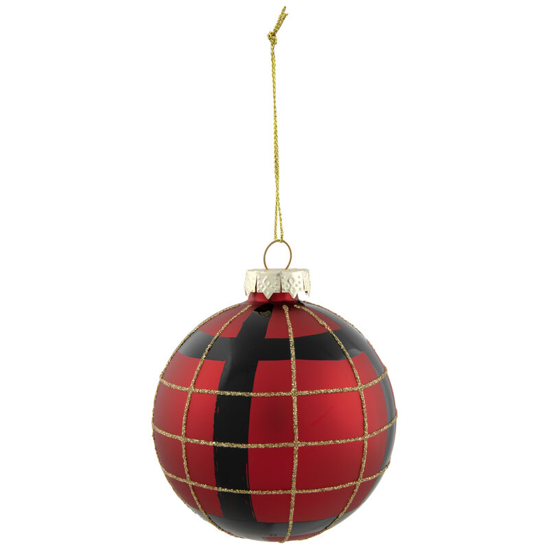 4ct Red  Black and Gold Plaid Glass Ball Christmas Ornaments 3.25" image number 3