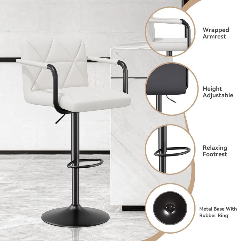 Leather Swivel Bar Stools Set of 2, Adjustable Height Square Counter Stools with Back & Iron Frame, 360&deg; Kitchen Island Chairs for Outdoor, Home Bar, Hotel image number 3