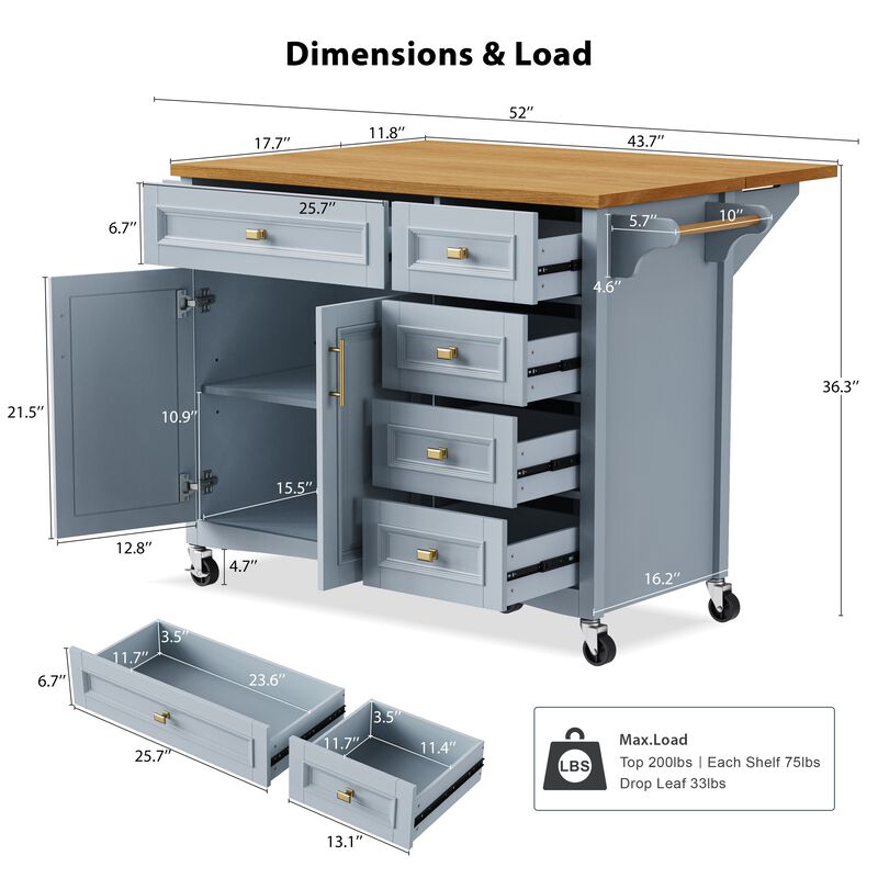 Whisen 52" Kitchen Island with Drop Leaf, 5 Drawers & 2 Doors, MDF & Oak Veneer, Retro Farmhouse Style for Kitchen image number 9
