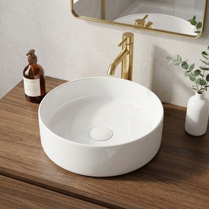 Round Ceramic Vessel Sink, Smooth Glazed Countertop Vanity Art Basin