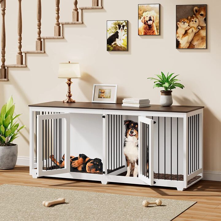71 in. Large Dog Crate Furniture, XXL Wooden Heavy-Duty Dog Crate for 2 Dogs Kennel with Divider for Large Medium Dogs