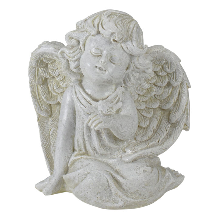 6" Ivory Sitting Angel with Bird Outdoor Garden Statue