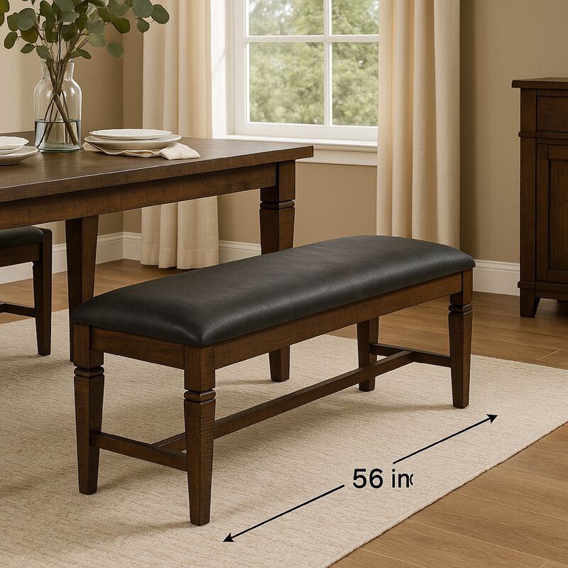 Flint Bench, Dark Gray Faux Leather, Dark Brown Mahogany, 56 Inch - Benzara