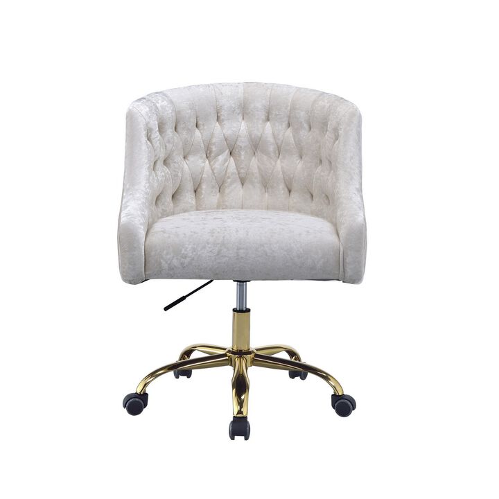 Swivel Velvet Upholstered Office Chair with Adjustable Height and Metal Base, Cream and Gold-Benzara