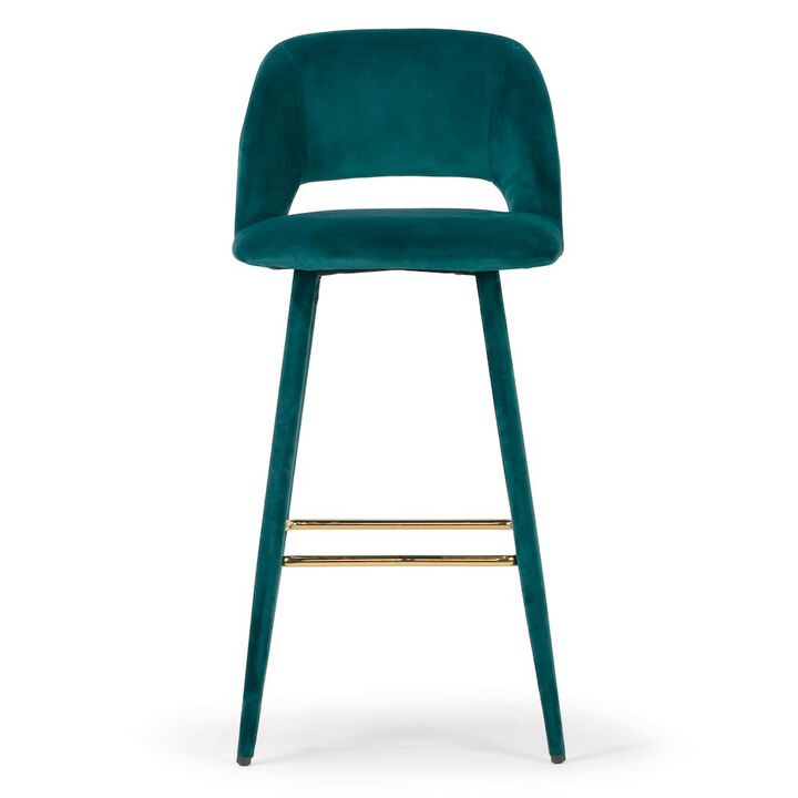 Glamour Home Set of 2 Anita Teal Velvet Bar Stool with Upholstered Legs and Golden Footrest