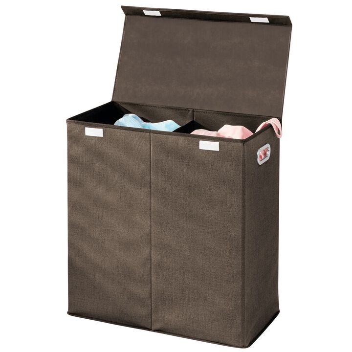 mDesign Divided Laundry Hamper Basket with Lid, Chrome Handles - Charcoal/Black